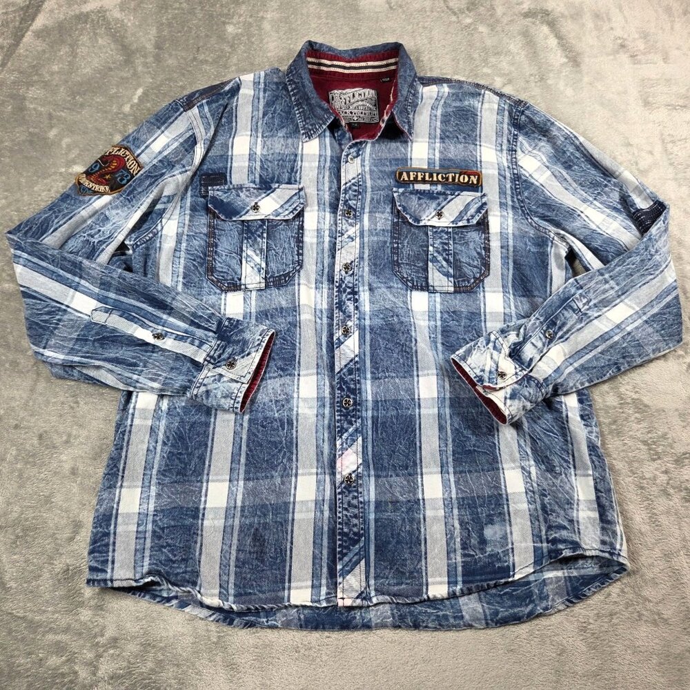 Affliction Shirt Mens 2XL Blue Plaid Distressed Biker Grunge Western Snap Front